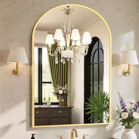 JHK Arched Gold Large Size Bathroom Mirror Bathroom Mirrors for Over Sink Modern Wall Mirrors Arch Decorative for Entryway Bedroom Vanity Horizontal or Vertical Hanging