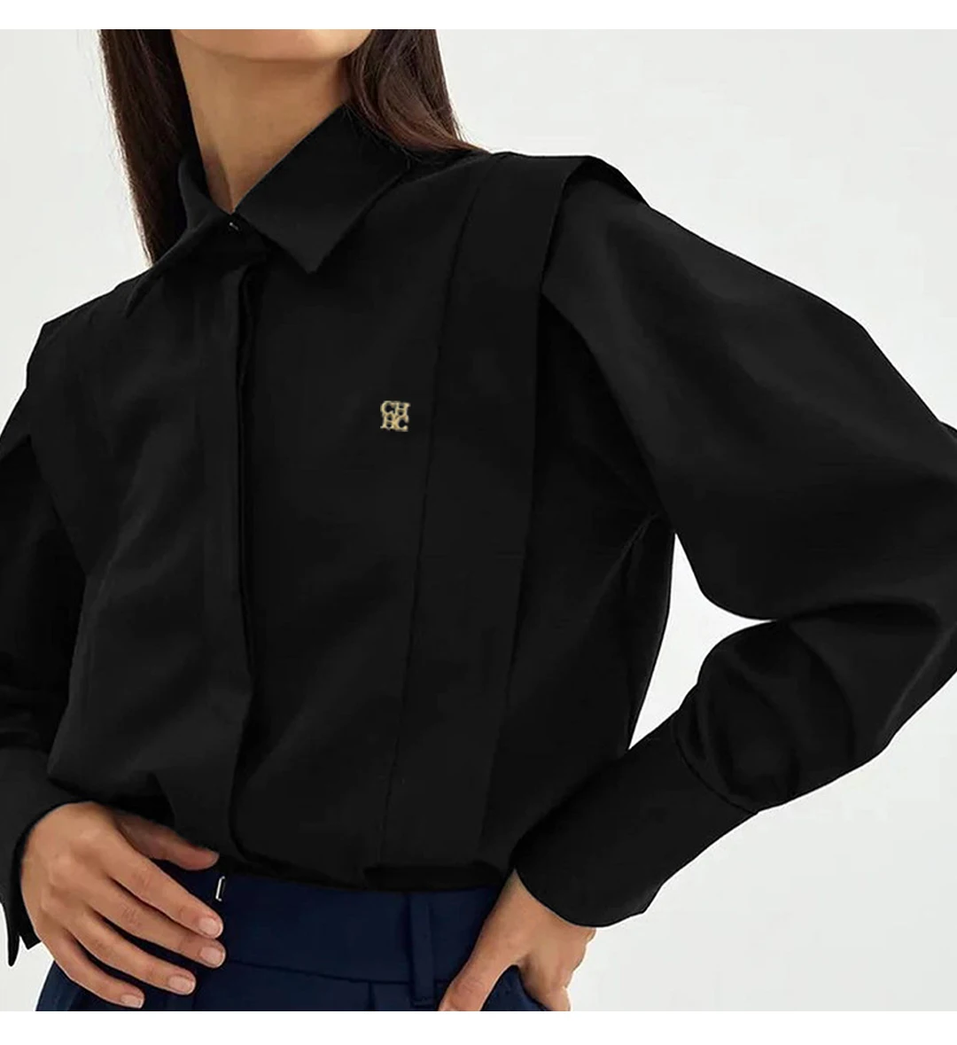 CH Metall-Logo Langarm-Hemd für Damen Locker Sitzend Spitzkragen Strukturierte Schultern Premium-Stoff Büro Casual Oberteile – Detail 4