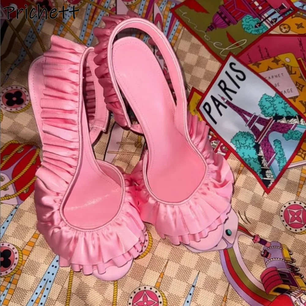 

Solid Pleated Satin Sandals Ruffles Peep Toe Slingback Slip On Dress Surround Lace Shoes Women's Summer Sexy Stiletto Shoes 2025
