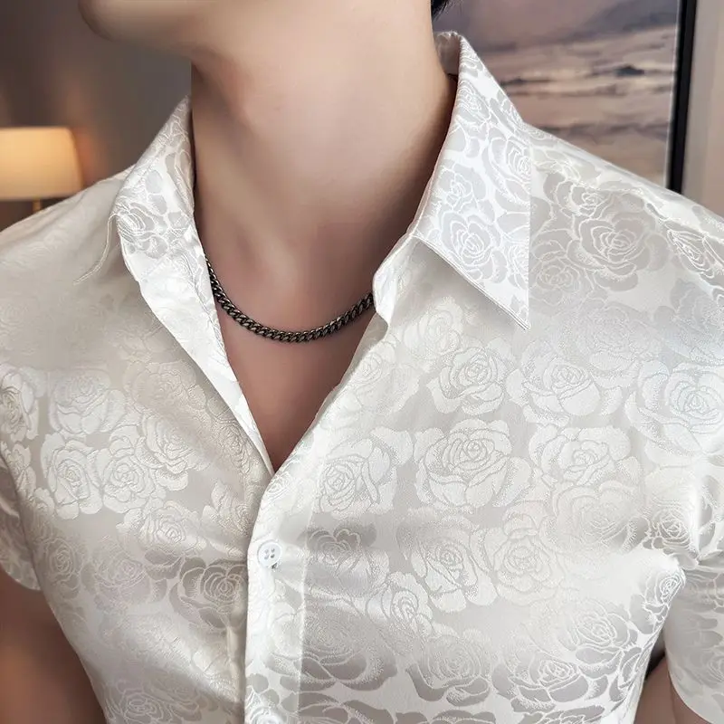 2026 New Men's Vintage Ditsy Floral Print Short Sleeve Shirt 2025 New Summer Premium Ice Silk Edgy Cool