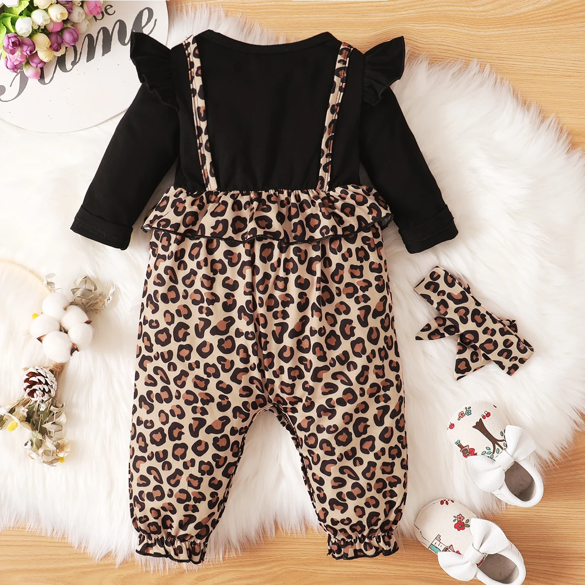 0-18 Months Newborn Baby Girl Romper Leopard Ruffle Fly Sleeve Long Sleeve Bodysuit Bowknot Headband Spring Autumn 2PCS Outfits