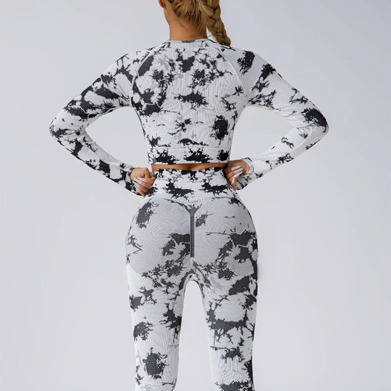 HSOUL YOGA 2Pcs Sports Suit Tie-Dye Sport Long Sleeve Top High Waist Leggings Colorful Quick-Dry Fitness Gym Tracksuit Yoga Set