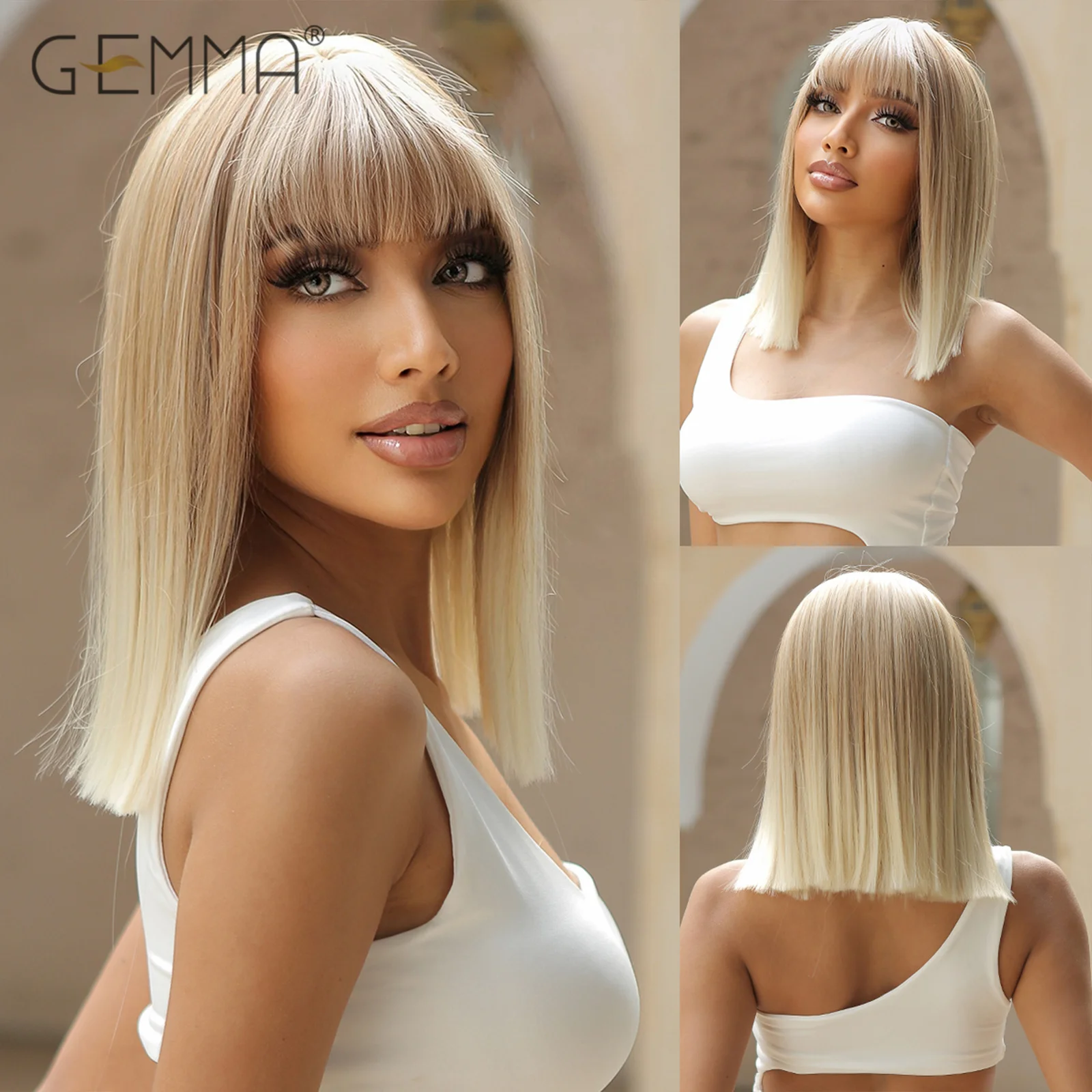 

GEMMA Synthetic Blonde Bone Straight Wig with Bangs Shoulder Long Ash Blonde Ombre Cosplay Wigs for Black Women Heat Resistant