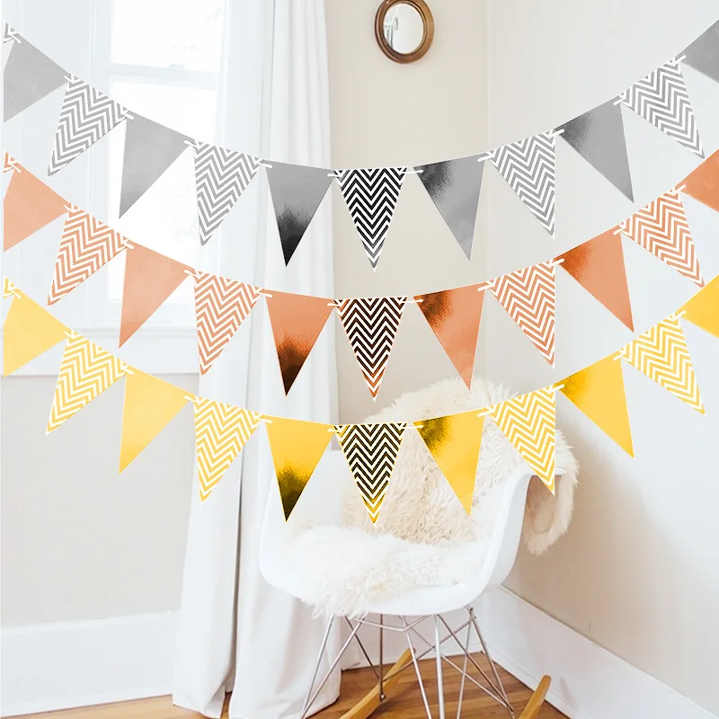 Golden Pennant Waving Flag Birthday Party Decorations Gold  Silver  Powder And Blue Triangle Banners