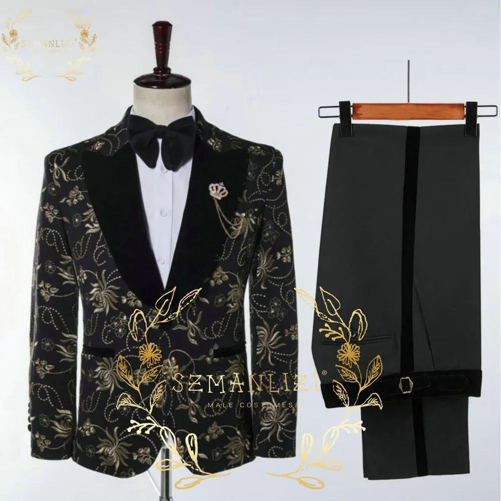 

SZMANLIZI 2022 Formal Black Embroidered Gold Floral Men's Tuxedos Peaked Lapel Groom Wedding Suits Terno Prom Party Blazer Pants