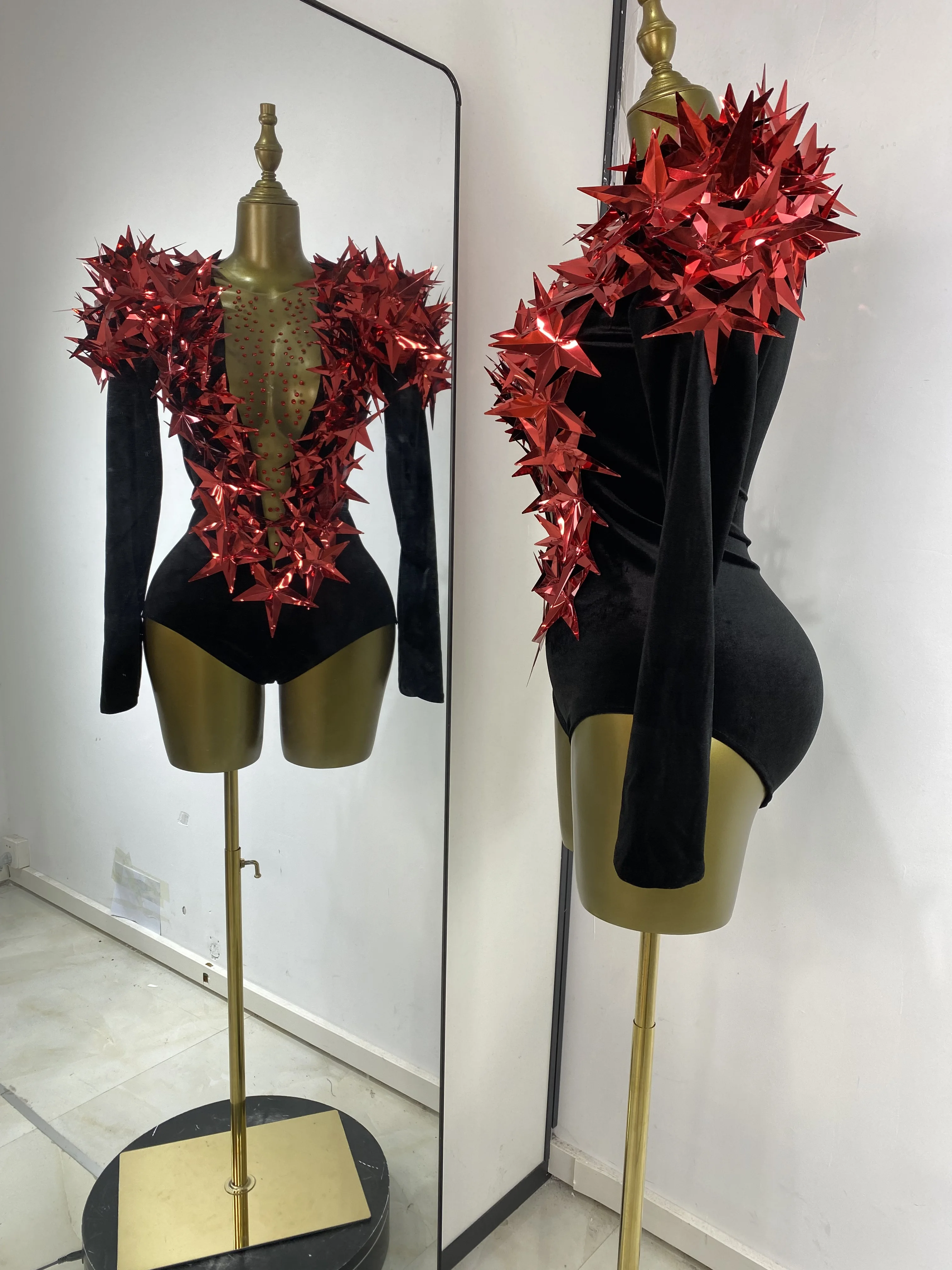 

K-Pop Performance Costumes Black Long Sleeve With Red Stars Rhinestones Leopard Evening Club Party Ballroom Dj Gogo Dress