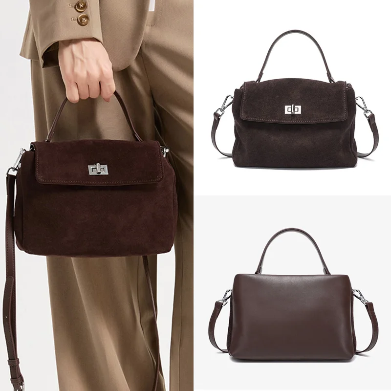 

Роскошная женская сумка из натуральной кожи, брендовая высококачественная матовая замшевая сумка через плечо, ретро пригородная сумка-мессенджер с клапаном и замком