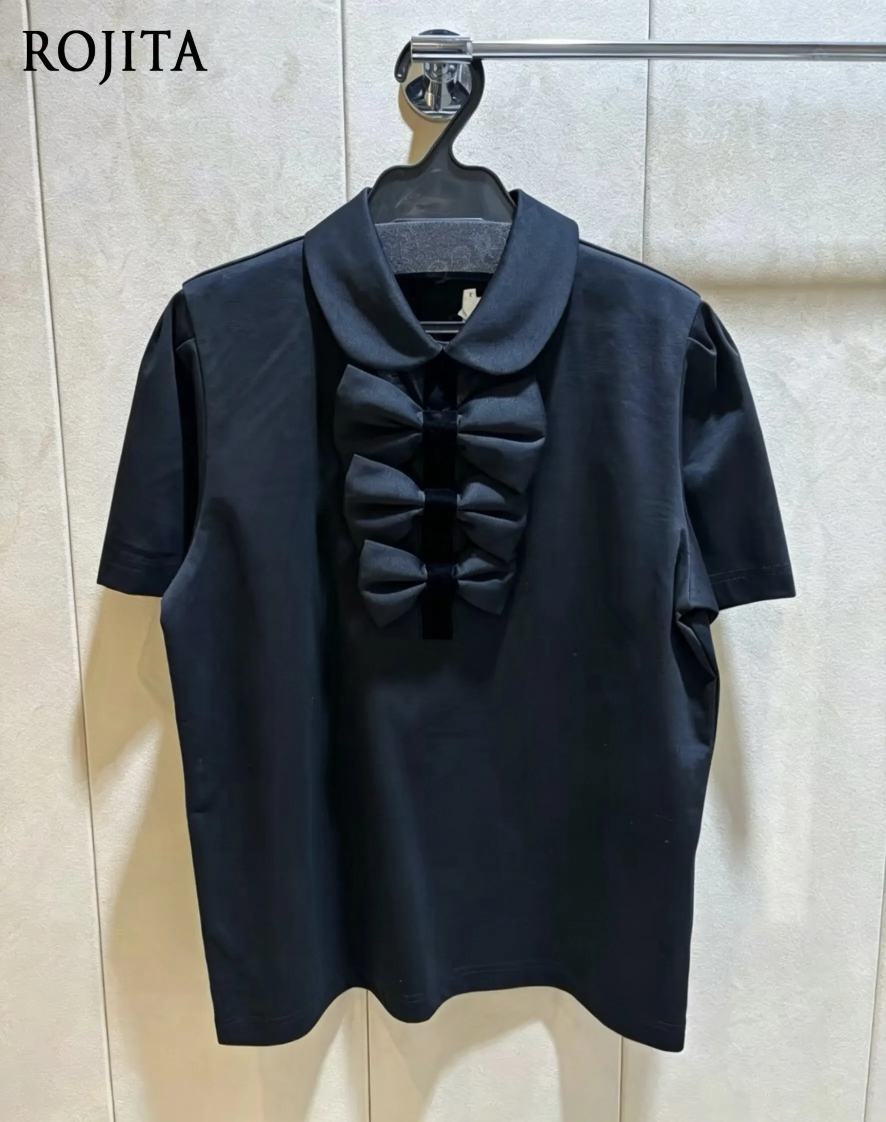 Japanese 2026 Summer New Commuter Cotton Bow Lapel Short Sleeved White T Shirt Top Daily Loose Sweet Black Tshirt Women