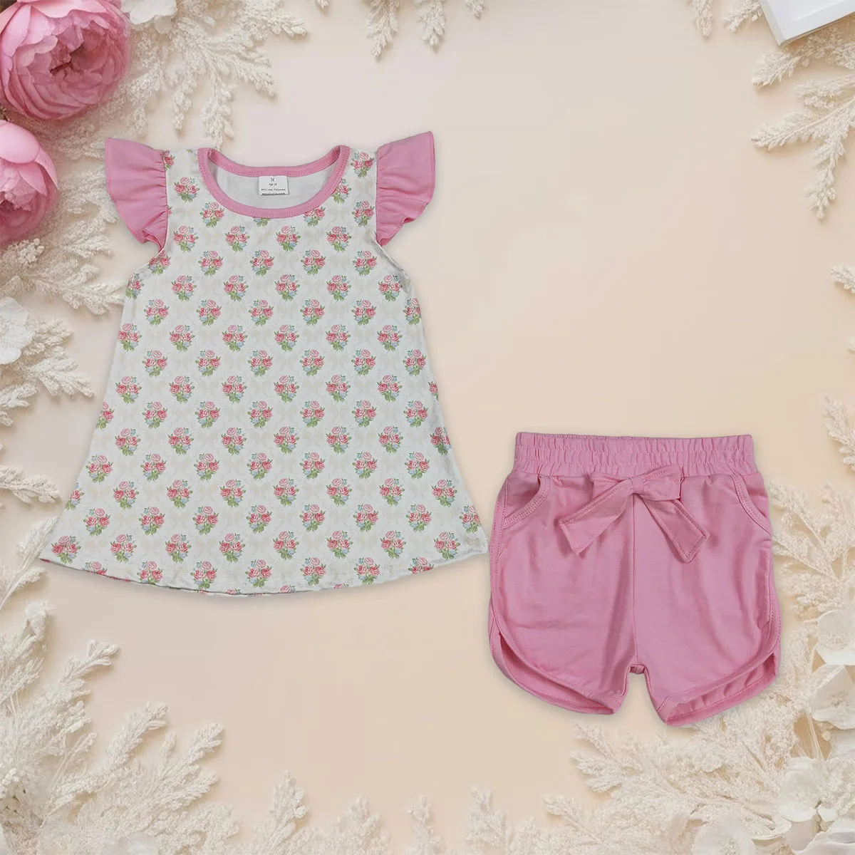 

Toddler Baby Girl Pink Flowers Checked Tunic Tops Pockets Shorts Clothes Sets Outfits Kids Children 2Pcs Clothes Wholesale