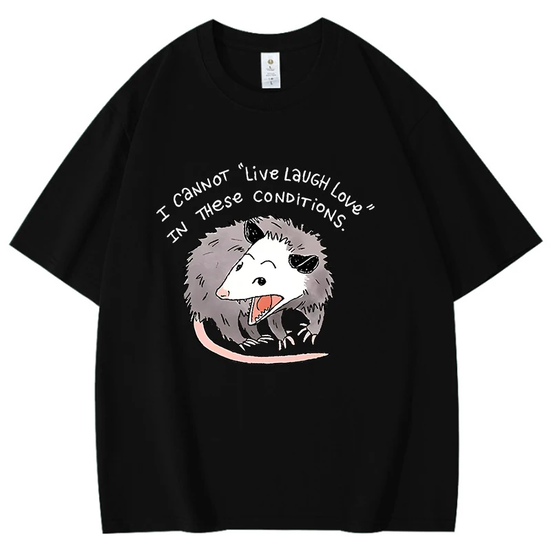 Manic Looking Opossum Print Cotton T-shirt Live Laugh Love Letter Print Loose Short Sleeve Harajuku Casual Tops Women Men Shirt