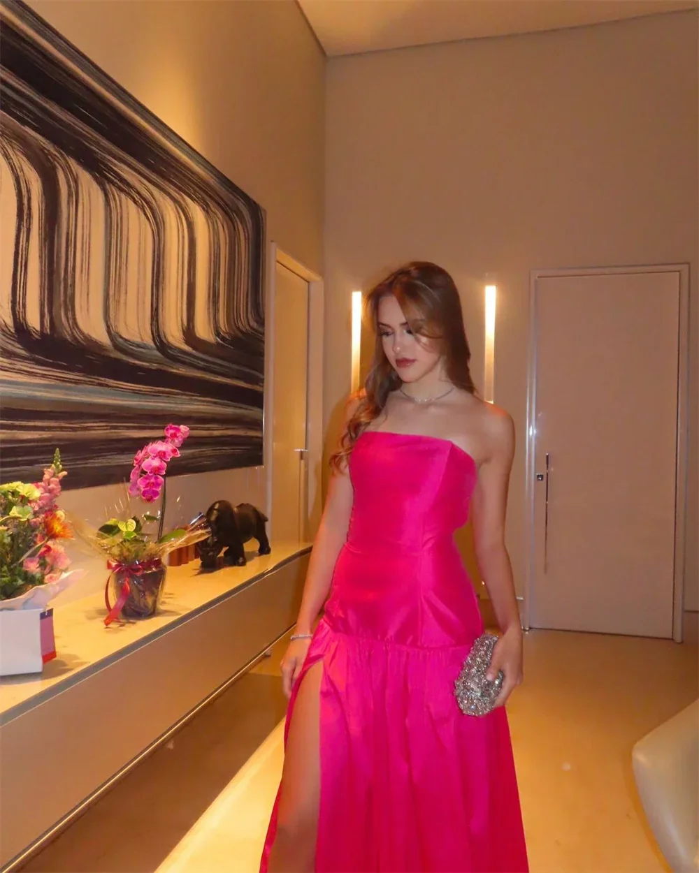 

Customized Pink Taffeta Strapless A-Line Prom Dress Side High Split Customized Party Dress Elegant Evening Dresses