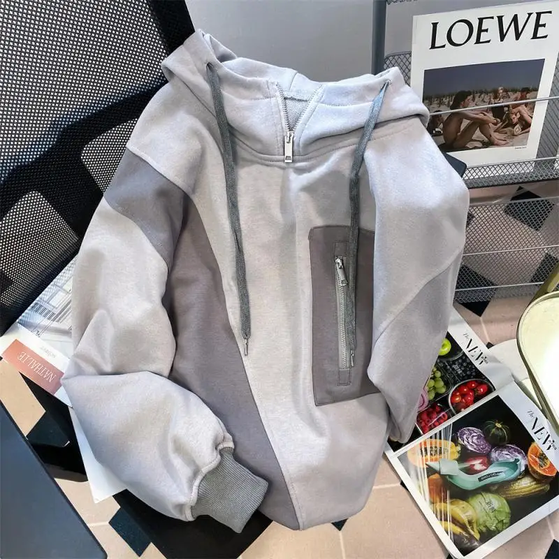 

2023 New Spring and Autumn Fashion Men's Fashion Women's Design Contrast Panel Oversized Long Sleeve Thread Zipper Hoodie