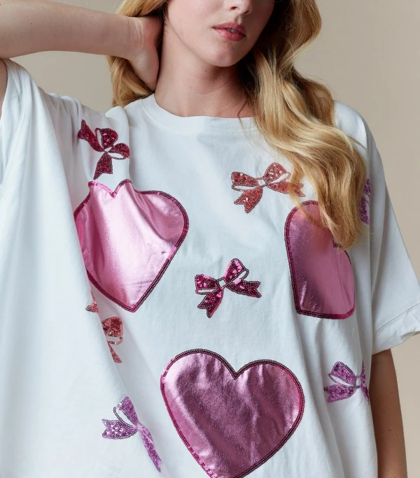 Heart shaped sequin short sleeved sweet loose T-shirt women's fashionable casual top 2025 summer new women's clothing