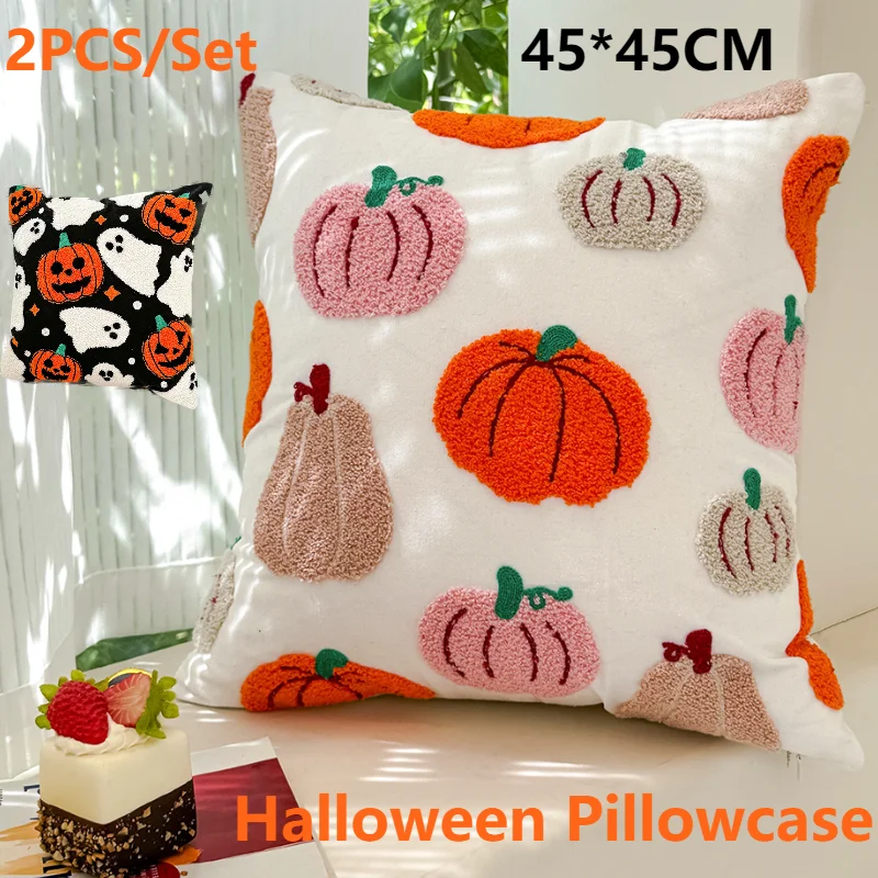 

2PCS Embroidered Pillowcase 45x45cm Ghost Pumpkin Throw Cushion Covers Halloween Decor Throw Pillow Covers for Sofa Bed Couch