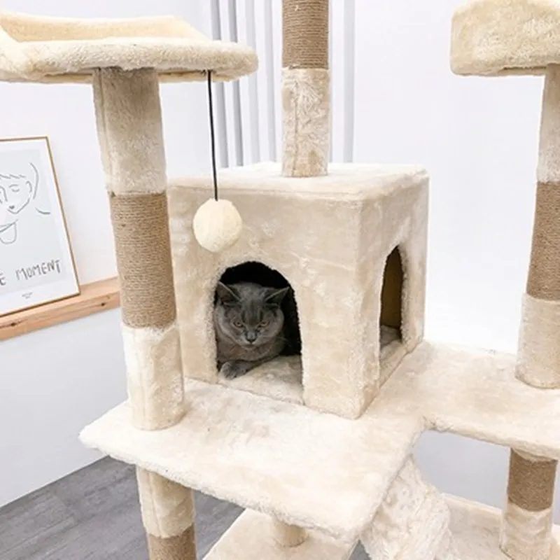 Multi-Level Cat Tree Condo Cat Entertainment Scratching Post Tower With Scratching Board Padded Plush Dangling Ball