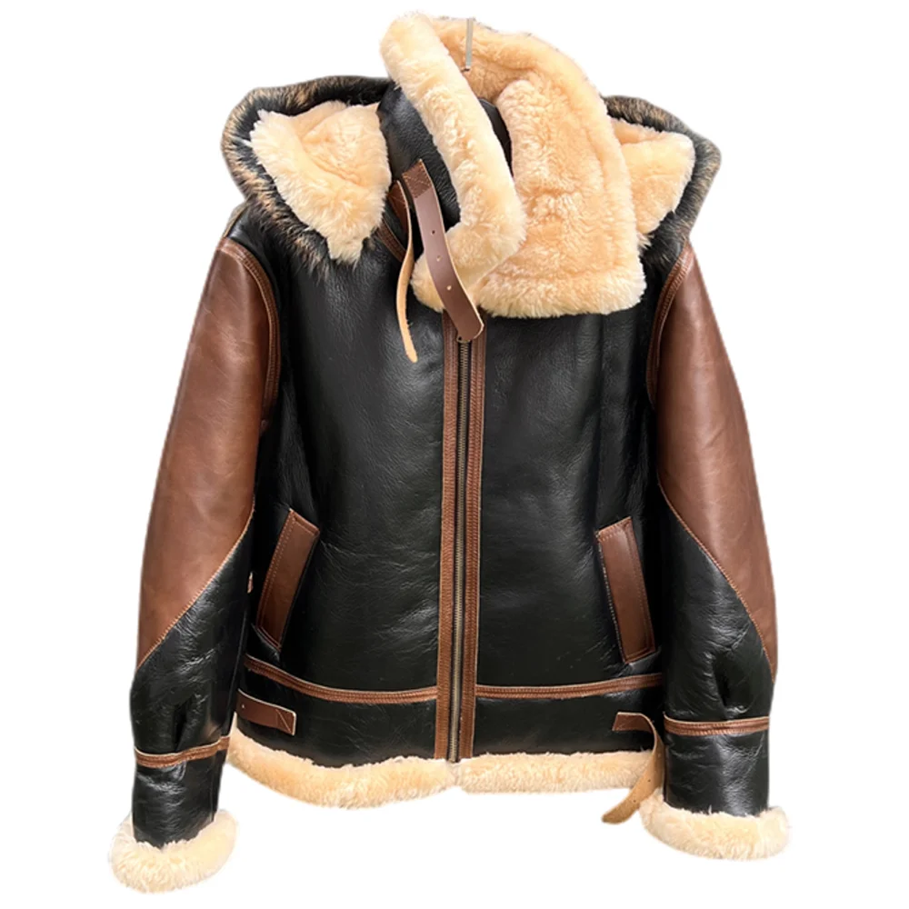 

Winter Warm Hooded Man Shearling Sheep Fur Coat Mens Genuine Leather Fur Lined Jacket Plus Size Trench Coat Windbreaker Overcoat