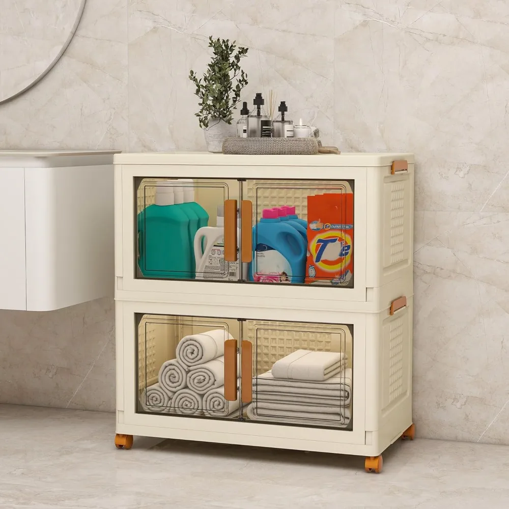 Cajones de almacenamiento transparentes plegables con ruedas, contenedores de plástico apilables, tapas incluidas, organizadores de armario para un almacenamiento eficiente