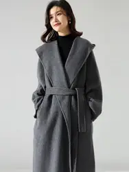 Office Lady Cashmere Woolen Jackets 2024 Autumn And Winter High-Grade Hooded Bathrobe Style Loose Lace-Up Long Women Wool Coats