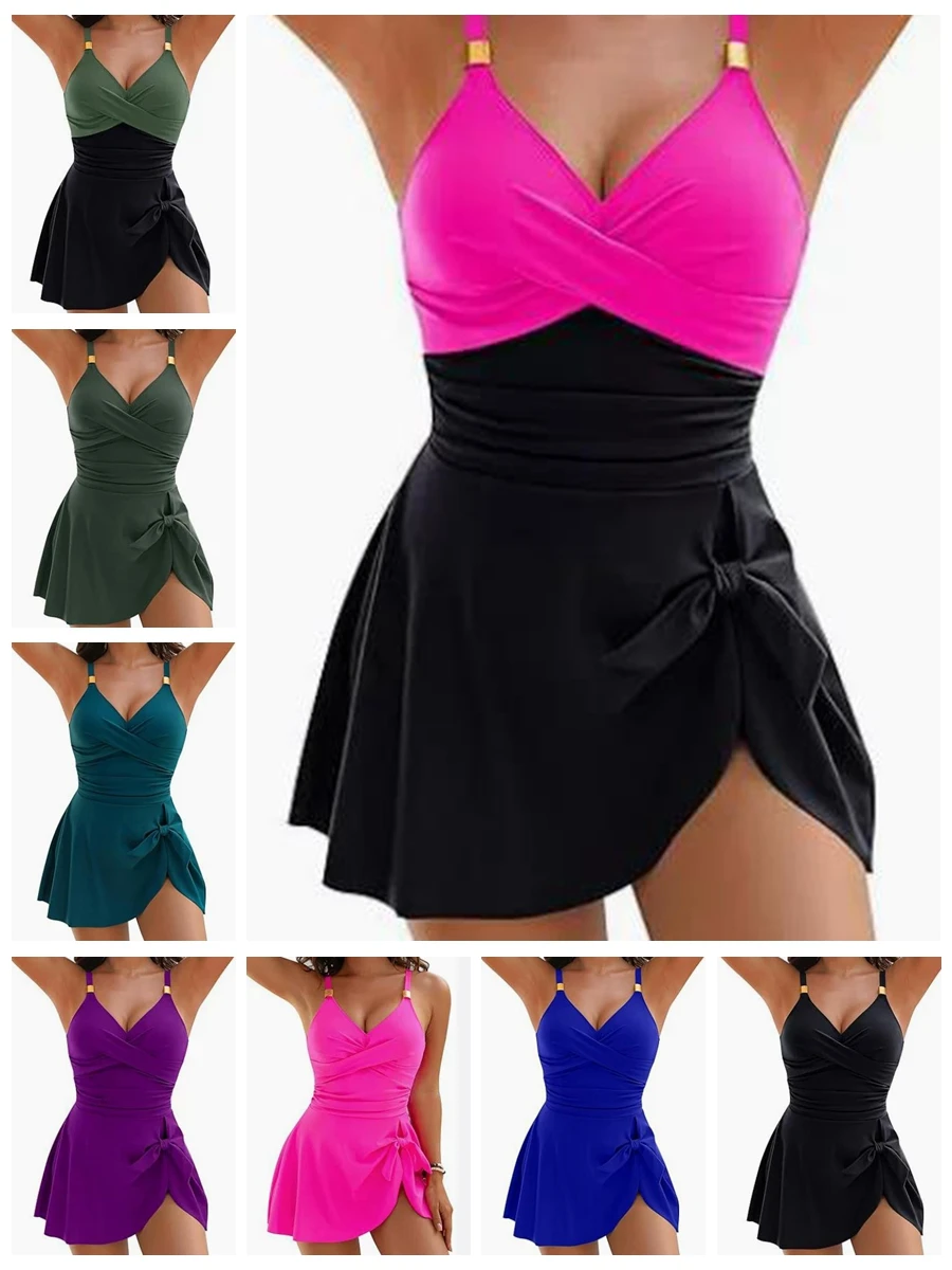 

8 Colors Cute Women Swimdress Tummy Control Sexy One Piece Slim & Comfortable Ruched & Cross Swimwear Elastic Beachwear 2026 New