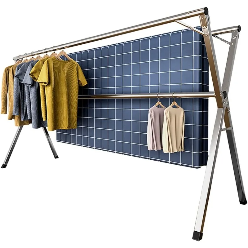 Tendedero para ropa, tendedero para ropa de acero inoxidable resistente de 79 pulgadas, plegable y de longitud ajustable, ahorro de espacio