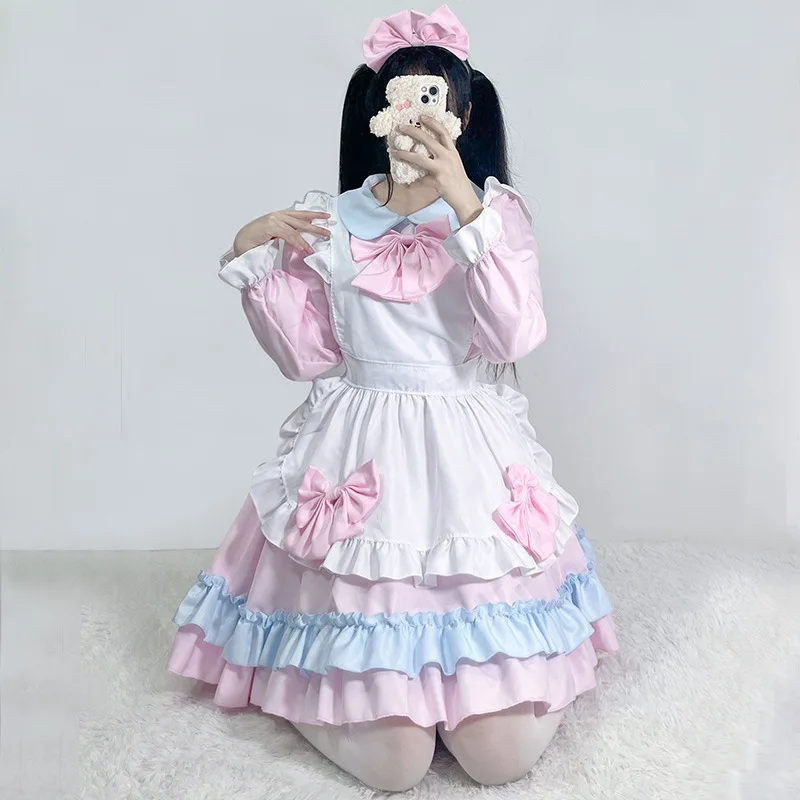 

2023 New Lolita Soft Girl Waitress Women's Costume COS Cartoon Sweetheart French maid Dress Fresh Pink Bowknot Sweet Bea