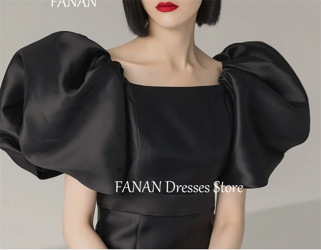 FANAN Square Neck Black Satin Fashion Evening Party Dresses Puff Sleeves Sheath Japan Simple Women Formal Gowns Event Prom Gowns