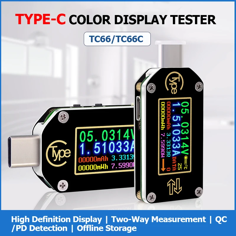 TC66/TC66C Type-C Color Display Tester PD Trigger Digital Voltmeter Ammeter Two-Way Measurement PD Charger Battery USB Tester