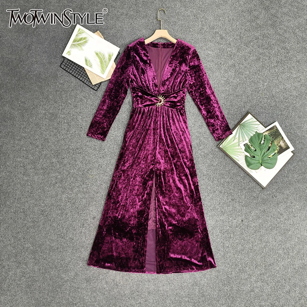 

Элегантные облегающие платья TWOTWINSTYLE для женщин, с V-образным вырезом, длинными рукавами, высокой талией, сексуальное драпированное платье, KDR533481