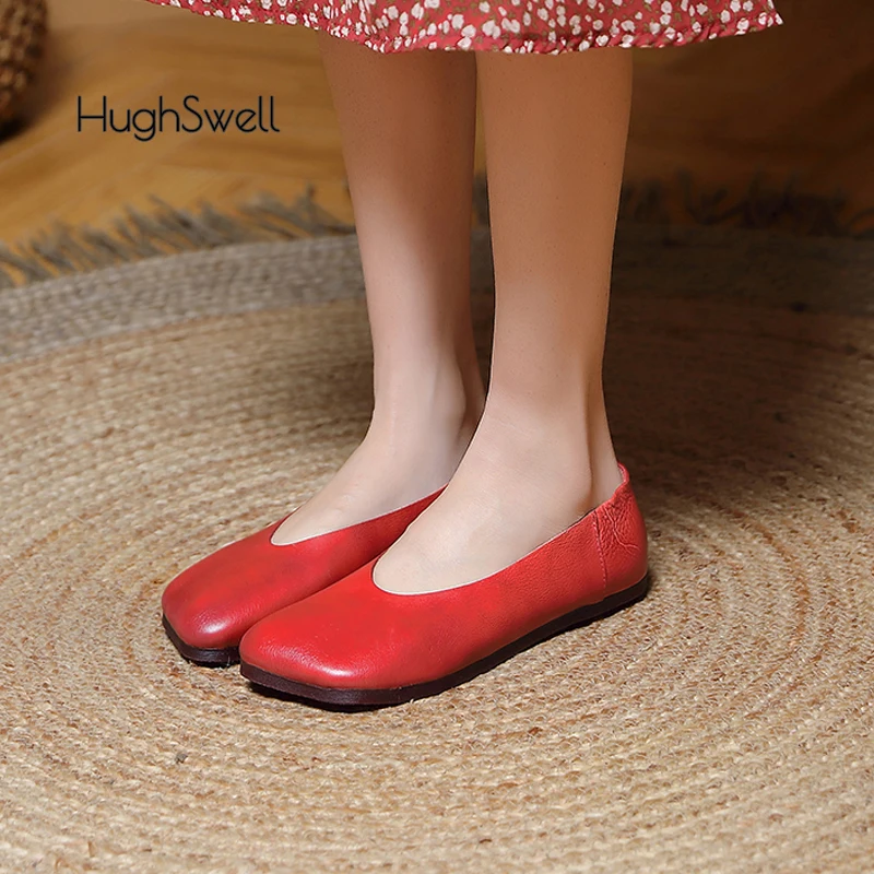 Concise Square Toe Leather Loafers Woman Soft Slip-on Flat Shoes Ladies Vintage Moccasin Zapatos In Red Green Color