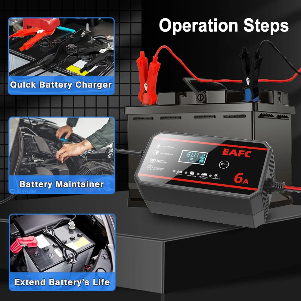 EAFC 6A /8A 12V Intelligentes Autobatterieladegerät Auto- und Motorradbatterieleinheit Blei-Säure-Batterie-Reparatur LCD-Display – Detail 6