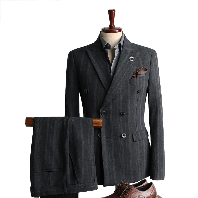 (17) Customized Double-breasted Suit British Style Slim Men's Three-piece Wedding Groom Suit