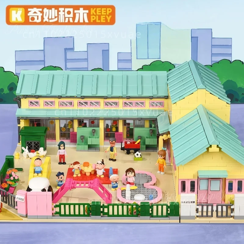 Nowe klocki Keeppley Crayon Shin-chan Futaba, budynki przedszkola, duże zabawki do składania, model sceny ulicznej z anime, prezent