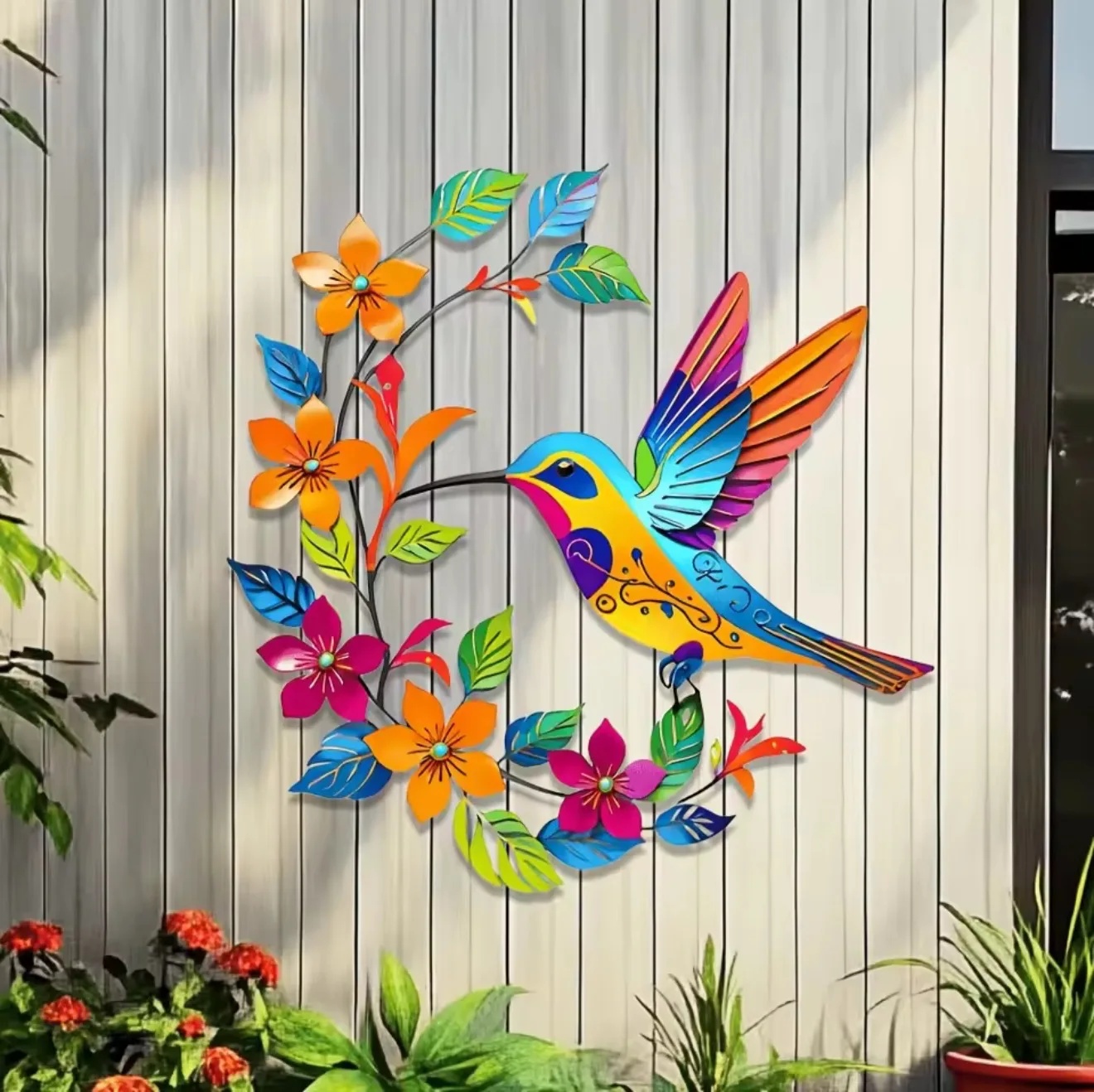 Waterproof Rustproof Metal Hummingbird Wall Sculpture, Bright Color Flower Vine Iron Wall Decor, Outdoor Garden Porch Door Balco