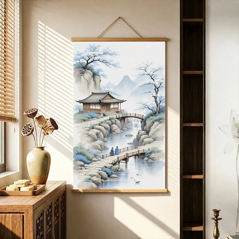 Wall Art Misty River and Ink Mountains, Zen Minimalism Pearlescent Canvas Hanging Scroll with Wooden Rods for Meditation Room