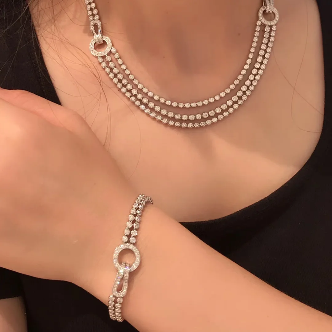 New 925 Sterling Silver Round Zircon High Carbon Diamond Double Chain Tennis Bracelet Luxury Designer Fine Jewelry Wedding view 5