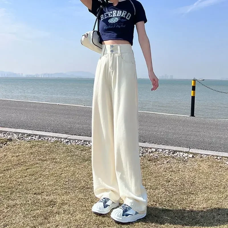 Damskie koreańskie jeansy z wysokim stanem, wiosenne nowe modne vintage Harajuku luźne jeansy białe spodnie czarne spodnie Y2k streetwear