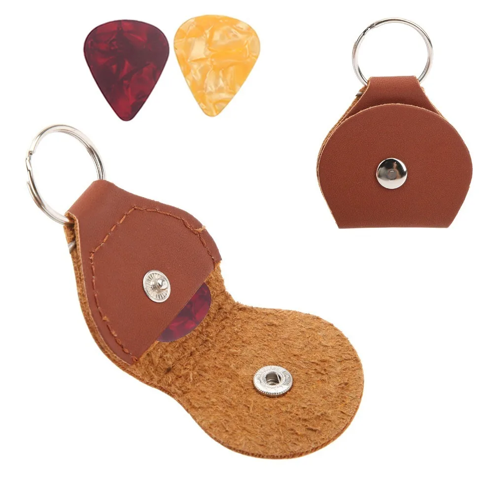 3PCS PU Leather Leather Guitar Picks Keychain Black/Coffee color Snap Open Closure Snap Open Key Case Portable Ring Storage Box