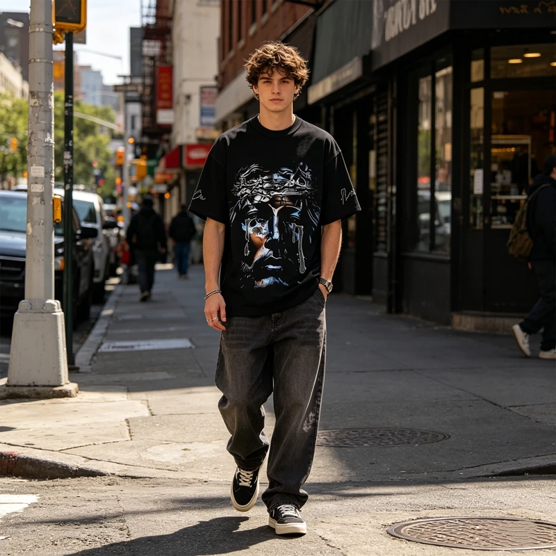 Herren Oversize T-Shirt Lustige Kleidung Strass Jesus-Weinen Grafik-Tee Streetwear Hip Hop Y2K Lässiges Kurzarm-Oberteil aus Baumwolle – Detail 2