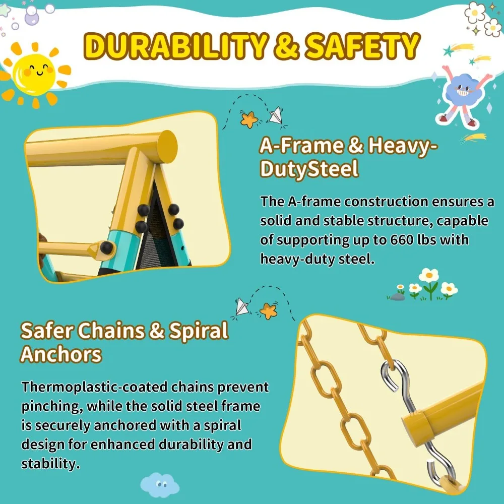 الأفضل - مجموعة أرجوحة للفناء الخلفي، مجموعات أرجوحة معدنية شديدة التحمل للأطفال مع أرجوحتين، شبكات سلم التسلق، قضيب ترابيز، أهداف كرة القدم #4