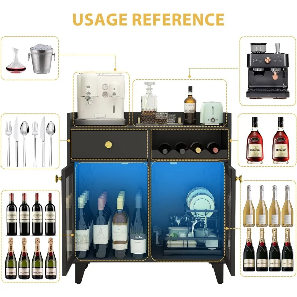 Lemari Anggur Kecil dengan Pintu Kaca, Lemari Bar Minuman Modern dengan Lampu LED untuk Alkohol, Bufet Kopi Bergaya Pedesaan