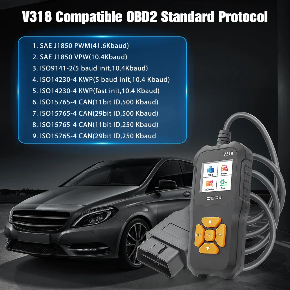 V318 OBD2 Code Reader Scanner Automobile Fault Diagnostic Tools OBD2 Scanner Battery Tester Check Engine System Multi-language