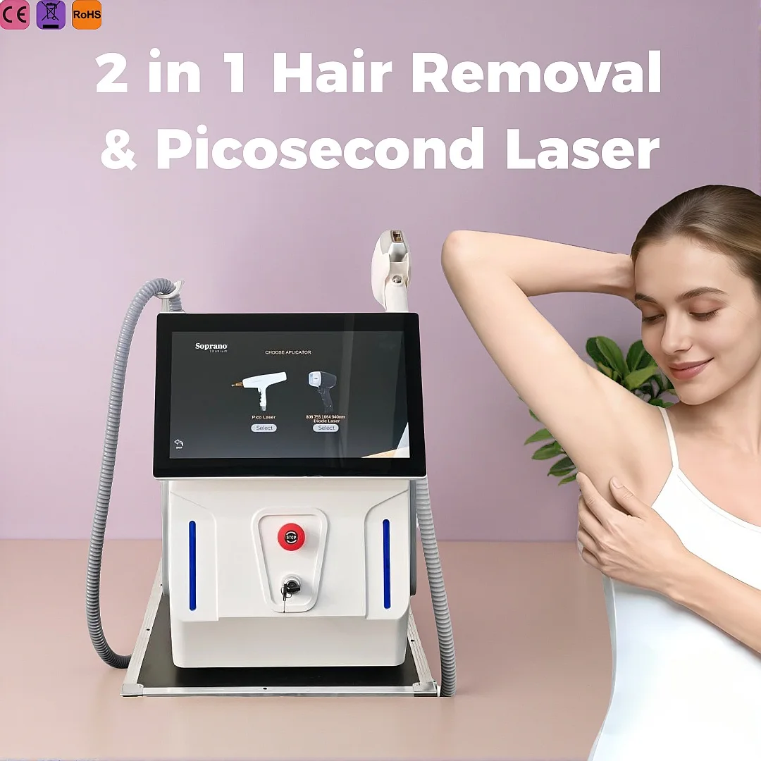 Soprano Titanium Ice Platinum Diode Laser Hair Removal Machine 2-in-1 Painless 755/808/940/1064nm 4-Wavelength