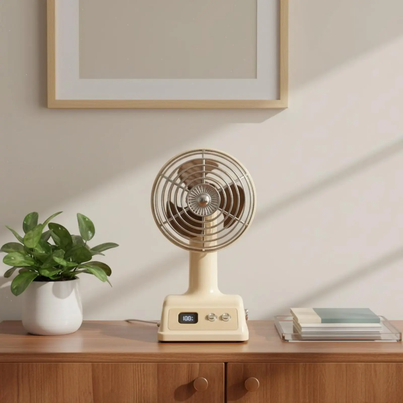 

Digital Display Table Fan 100 Speed Settings Portable Vintage Design Fan Small Appliance 1200mAh Battery Low Noise for Dorm Room