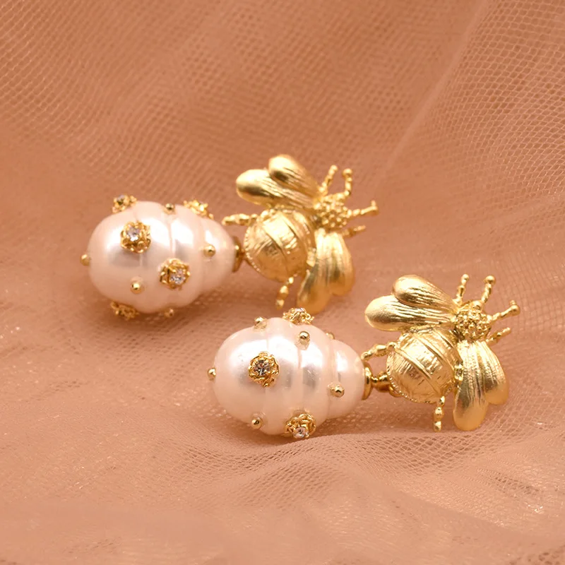 Neue Stil Süße Honigbiene Natürliche Süßwasser Perle 14K Gold Gefüllt Weibliche Quasten Stud Ohrringe Schmuck Frauen Weihnachten Geschenke – Detail 5