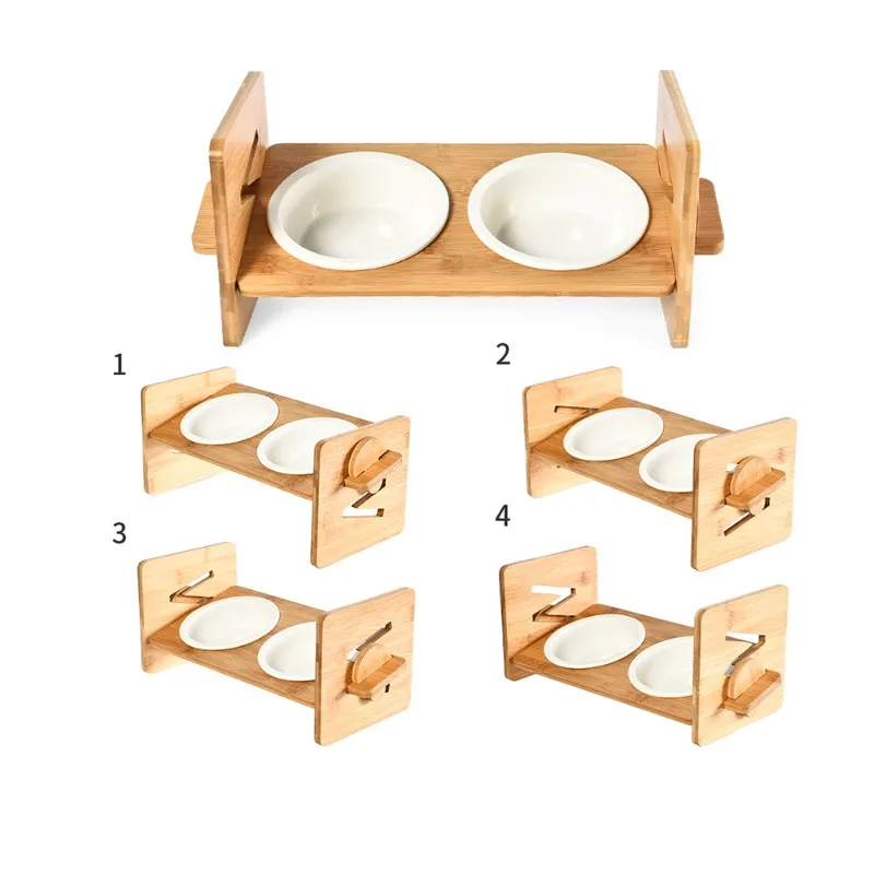 New high-quality elevated pet feeding bowl dog and cat feeder solid bamboo frame food feeder with ceramic dog