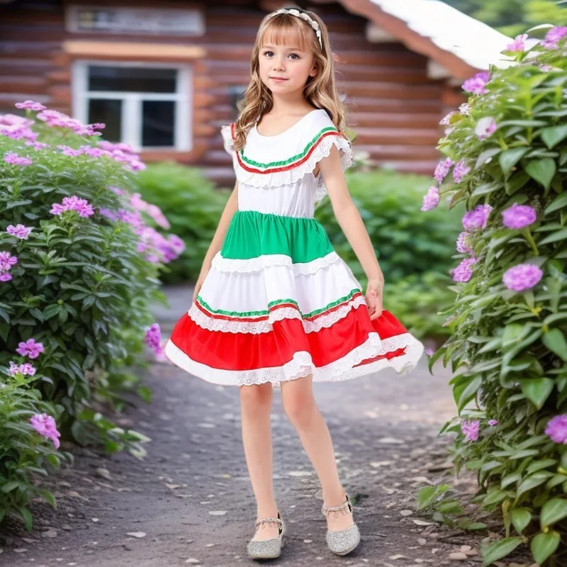

Girls Exotic Ethnic Sweet Mexican Lace Dress Children's May Festival Carnival Costume