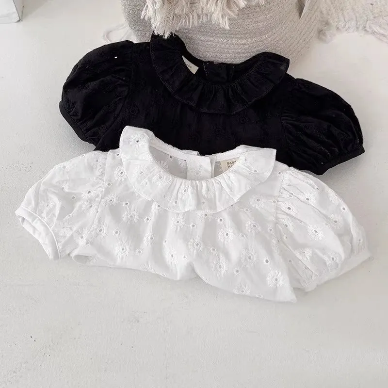 

2026 Summer New Girls Short Sleeve Shirts Baby Girl Sweet Lace Collar Blouse Kids Flower Hollowed Out Tops Toddler Clothes