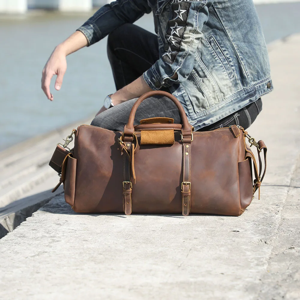 S.WORKER Handgefertigte Reisetasche aus Vollnarbenleder, Echtleder, große Kapazität, Business-Gepäck, Wochenend-Reisetasche – Detail 5