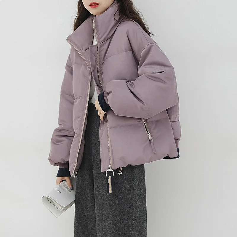 

Winter stand collar women's fashion loose jacket cotton jacket warm soft casual pure color