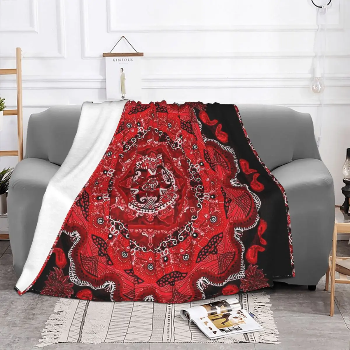 Red Flower Floral Design Hand Painted Blanket Mandala Deco Fleece Velvet All Season Multifunction Throw Blankets For Bedding